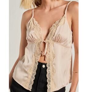 Y2K lace trim gold tie front cami top - size M NWT